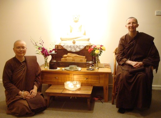 Ayya Vayama Bhikkhuni and Ayya Seri Bhikkhuni at the Sala of Patacara Bhikkhuni Hermitage on 31st December 2013 after meditation.