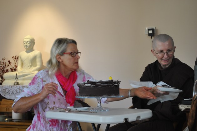 The distribution of birthday cake to celebrate Ayya Vayama Bhikkhuni's birthday on Tuesday, 28th of October 2014. Photo by Havindra.