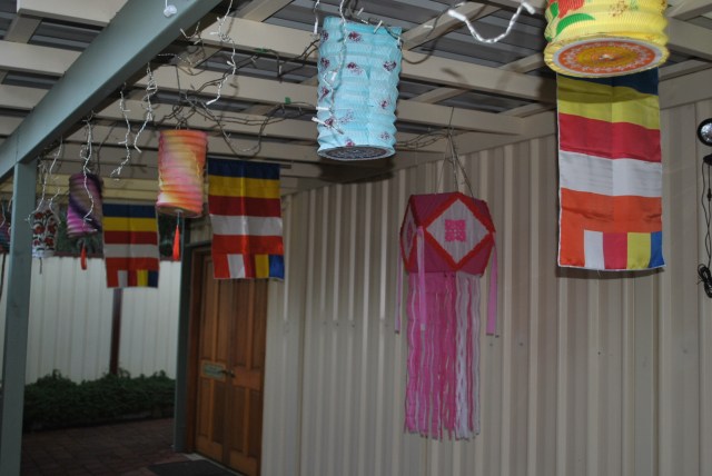 The result: The colourfull Vesak lanterns, lights and Buddhist flags at Patacara Bhikkhuni Hermitage at the end of 15th May 2016. Photo by Havindra.